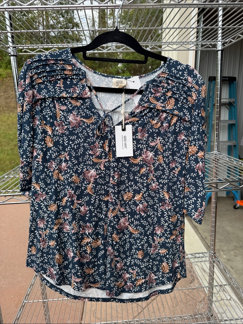 Good Luck Gem Navy Floral Tie-Neck Blouse with Pink and Tan Accents